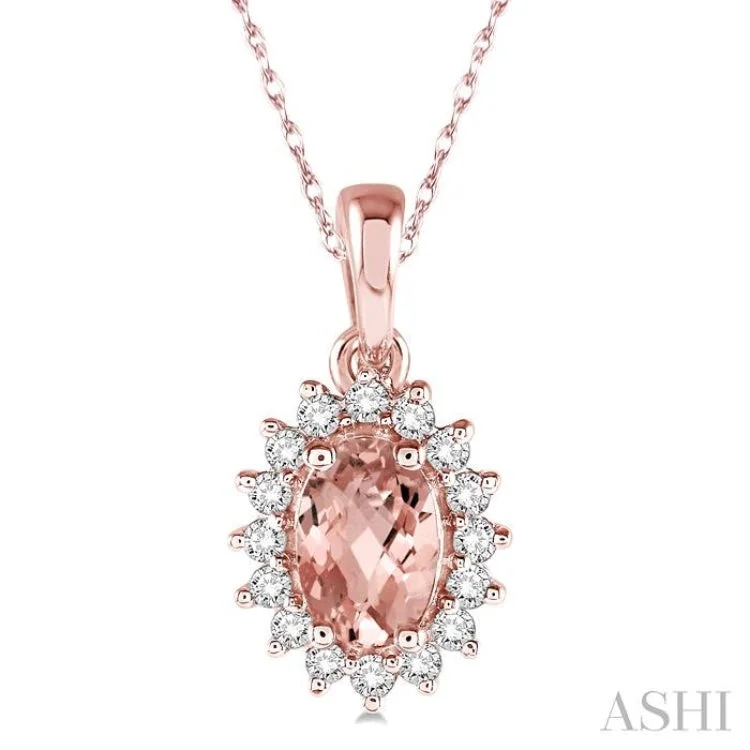 1/8 Ctw Round Cut Diamond and Oval Cut 6x4 MM Morganite Center Sunflower Semi Precious Pendant in 10K Rose Gold with chain