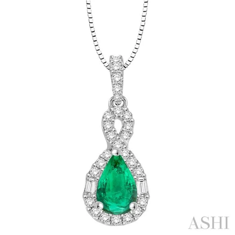 7x5 MM Pear Shape Emerald and 1/3 Ctw Diamond Precious Pendant in 14K White Gold with Chain