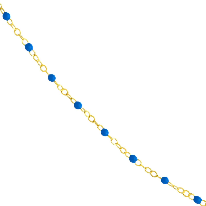 14K Yellow Gold Cobalt Blue Enamel Bead Station Chain Adjustable Necklace with Spring Ring Clasp