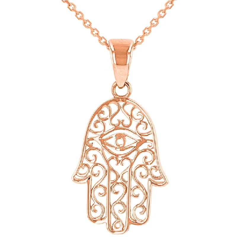 Solid 14K Rose Gold Hamsa Hand of Fatima with Evil Eye Pendant Necklace