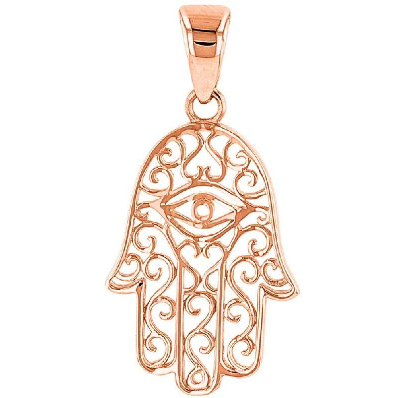 Solid 14K Rose Gold Hamsa Hand of Fatima with Evil Eye Pendant