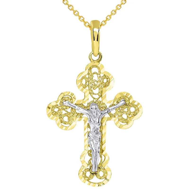 Solid 14k Two Tone Gold Filigree Eastern Orthodox Cross Crucifix Pendant Necklace