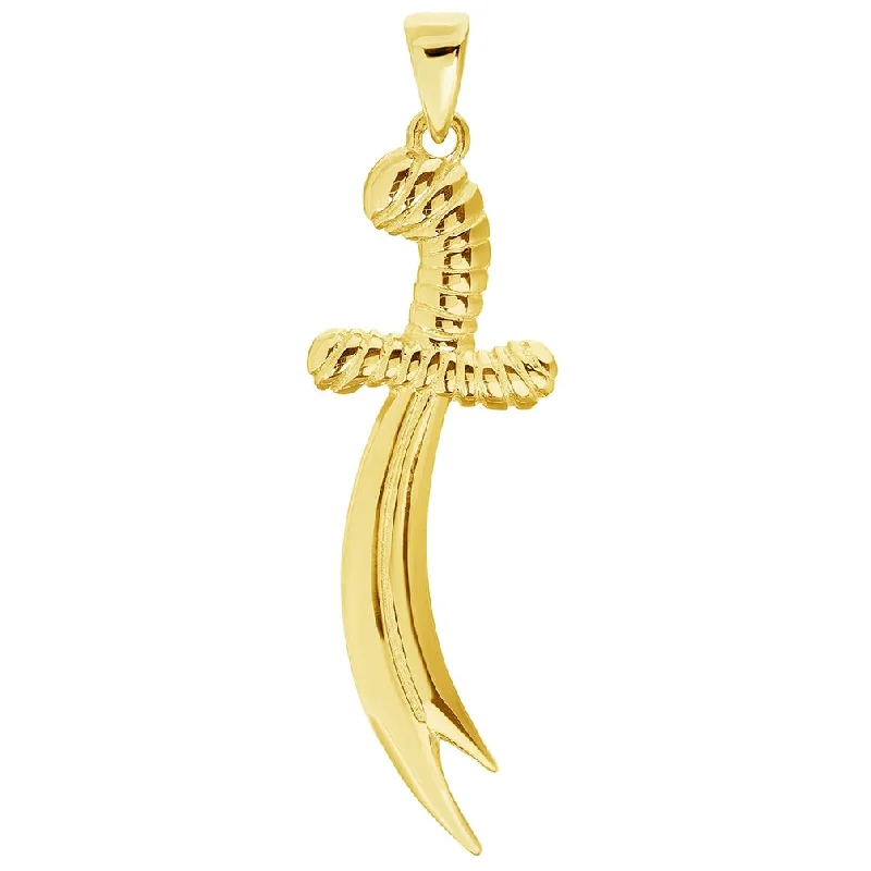 Solid 14k Yellow Gold 3D Double-Pointed Scimitar Sword Pendant