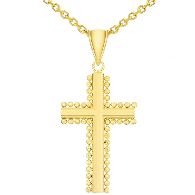 Solid 14k Yellow Gold Beaded Edged Religious Cross Pendant Necklace with Rolo, Curb, or Figaro Chain Necklaces