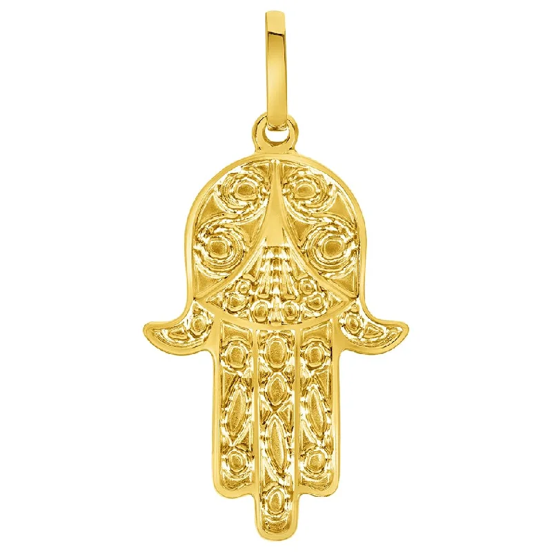 Solid 14k Yellow Gold Dainty Filigree Hamsa Hand of Fatima Pendant