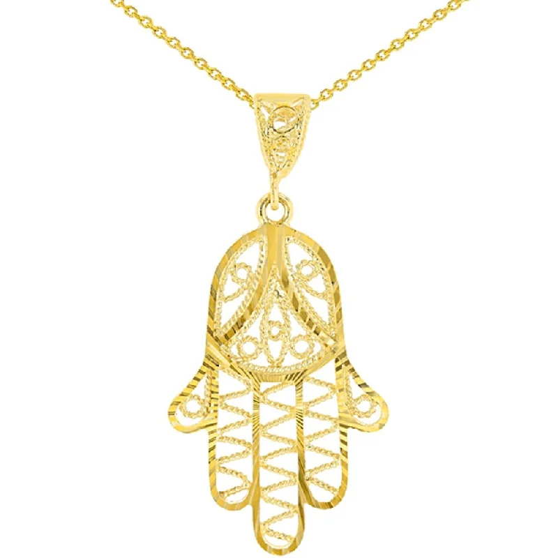 Solid 14K Yellow Gold Filigree Hamsa Textured Hand of God Pendant Necklace