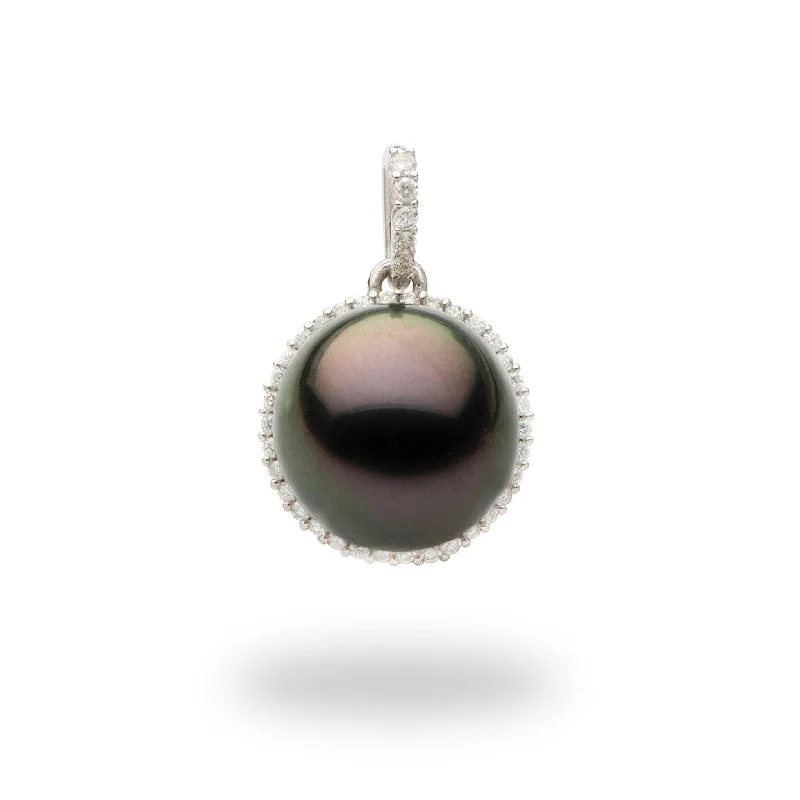 Tahitian Black Pearl Pendant in White Gold with Diamonds - 10-11mm