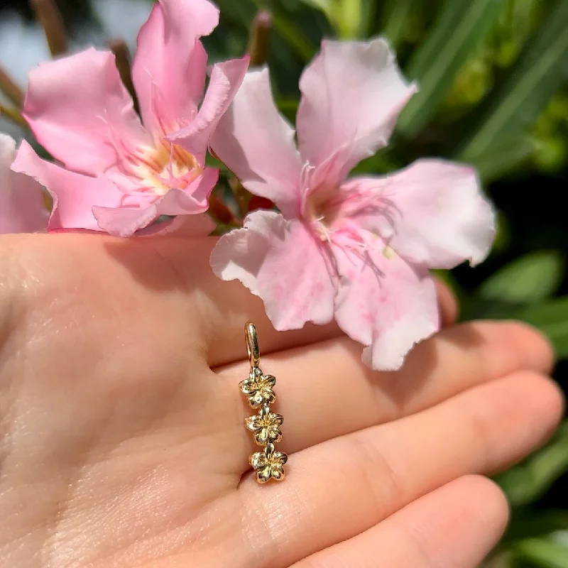 Three Small Plumeria Hawaiian Vertical Pendant in 14K Yellow, Multicolor, White or Pink Gold