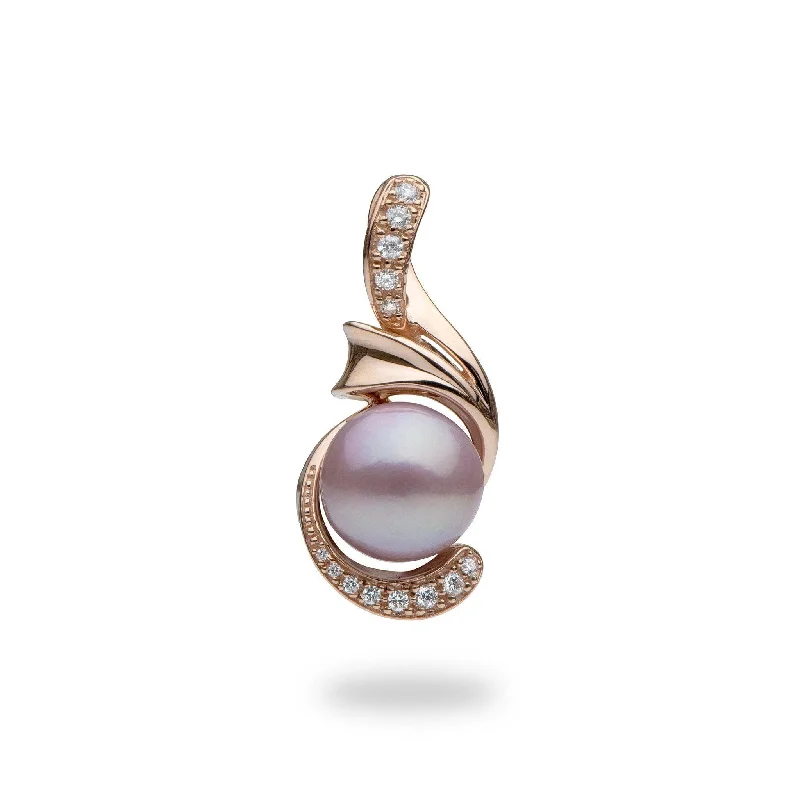 Lilac Freshwater Pearl Pendant in Rose Gold with Diamonds - 14-15mm