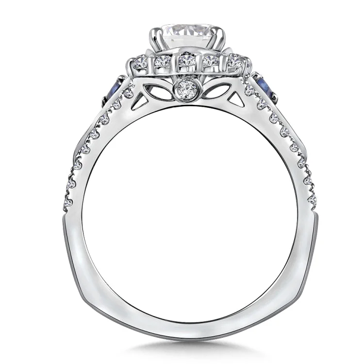 Diamond and Blue Sapphire Halo Engagement Ring