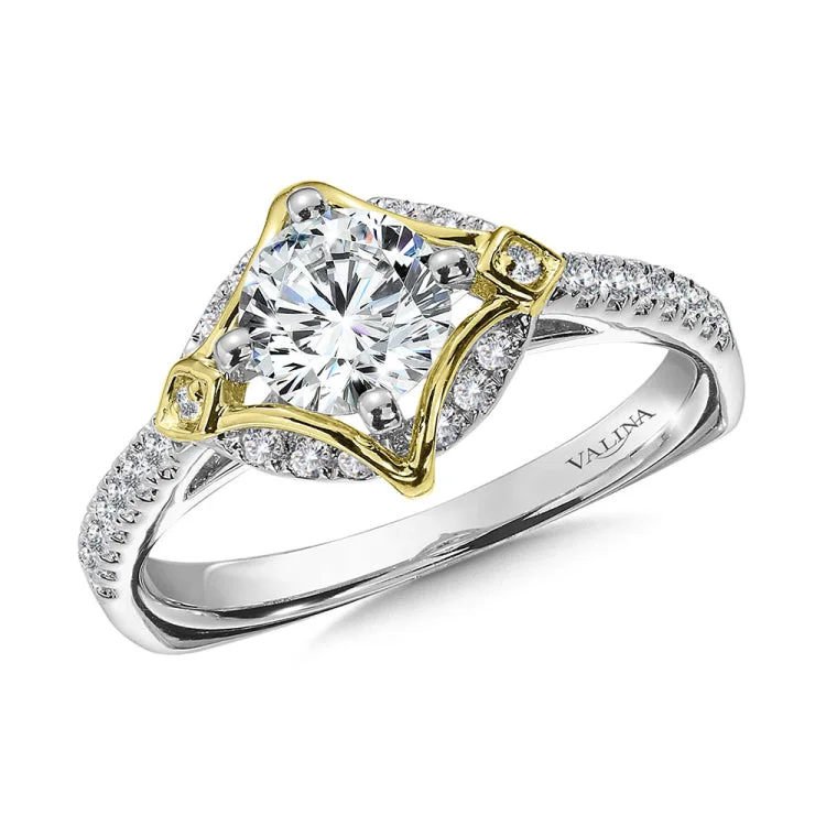 Diamond engagement ring mounting with side stones in 14k white/yellow gold.