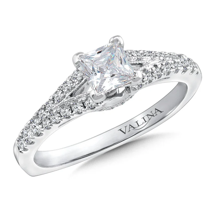 Diamond engagement ring mounting with split shank and side stones set in 14k white gold.