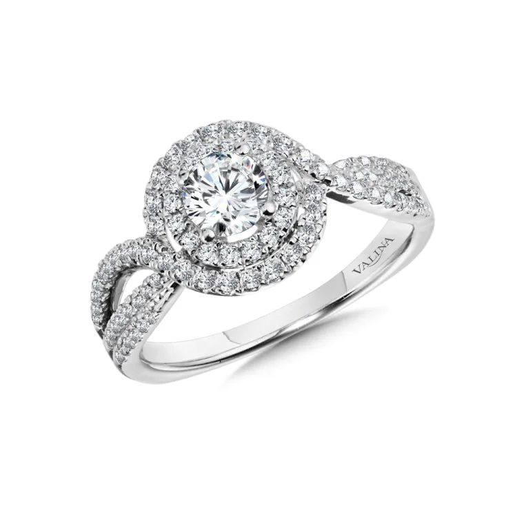 A diamond halo mount set in 14k white gold.