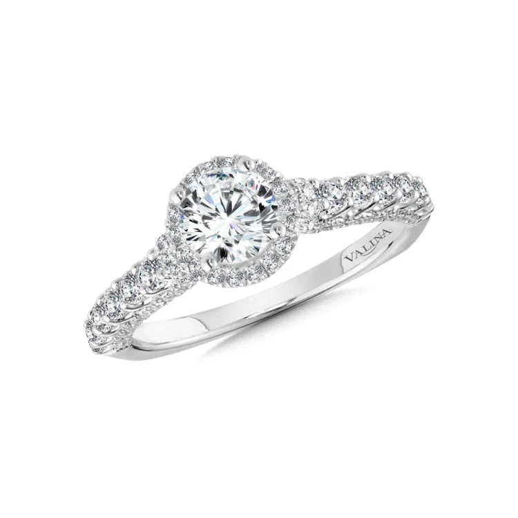 A diamond halo mount set in 14k white gold.