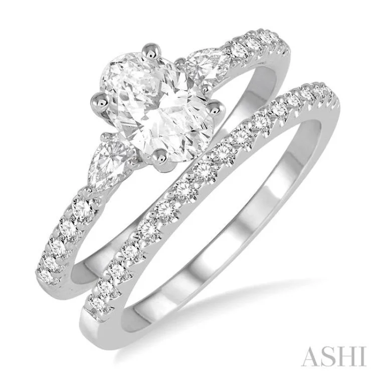 1 ctw Round, Pear & Oval Cut Diamond Wedding Set With 7/8 ctw Engagement Ring and 1/8 ctw Wedding Band in 14K White Gold