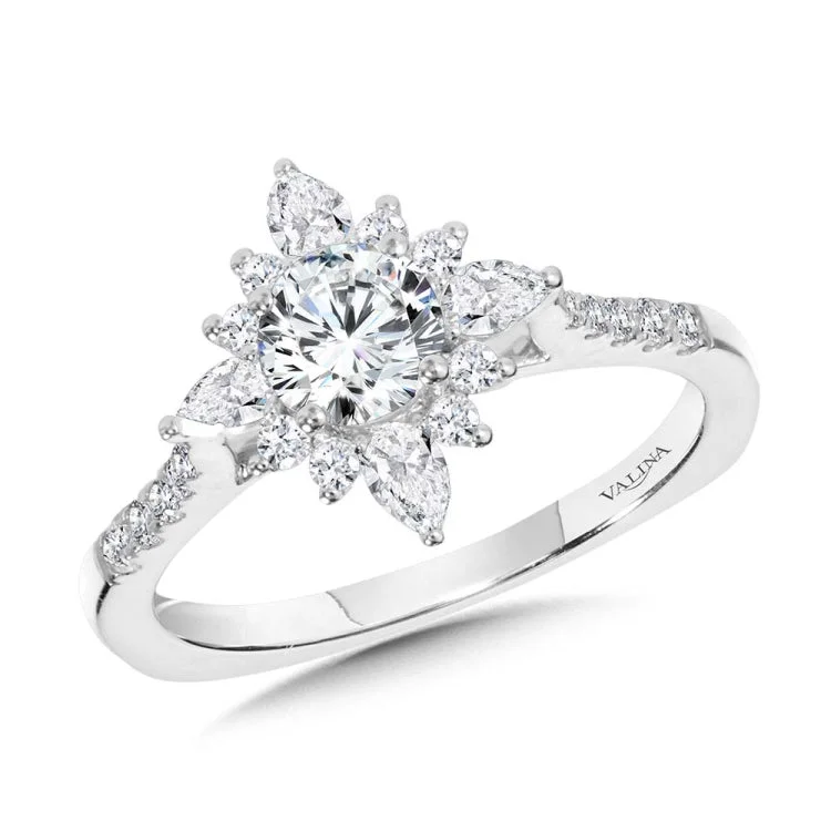 Prong-Tipped & Pear-Accented Sun Burst Diamond Halo Engagement Ring