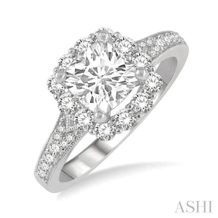 5/8 ctw Cushion Shape Mount Round Cut Diamond Semi-Mount Engagement Ring in 14K White Gold