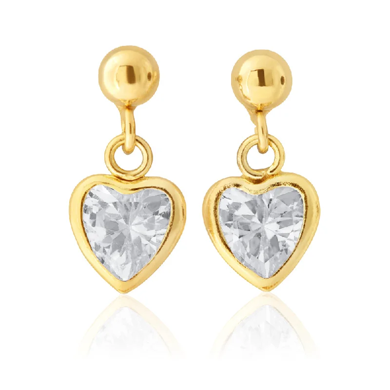 9ct Yellow Gold Heart Shape Zirconia Drop Earrings