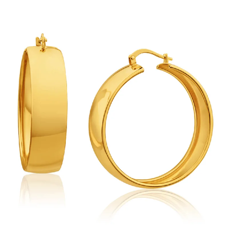 9ct Yellow Gold Silver Filled Plain 9mm Wide 30mm  Hoop Earrings