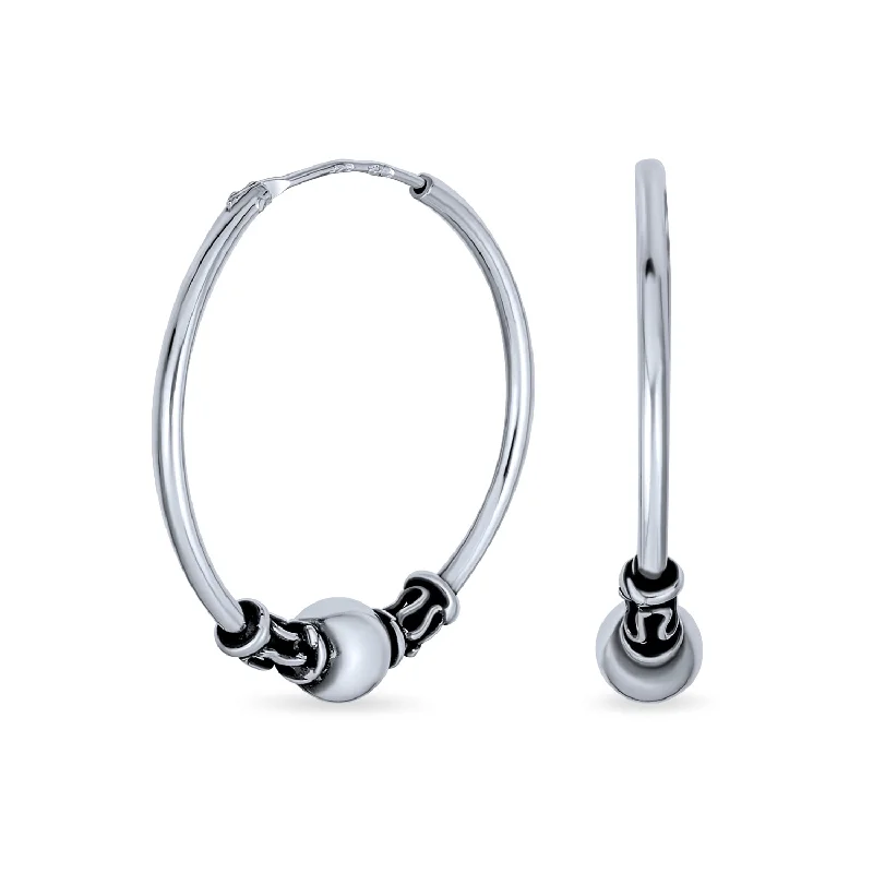 Bali Style Tribal Ball Bead Hoop Huggie Earrings Oxidized Sterling Silver 1 Inch