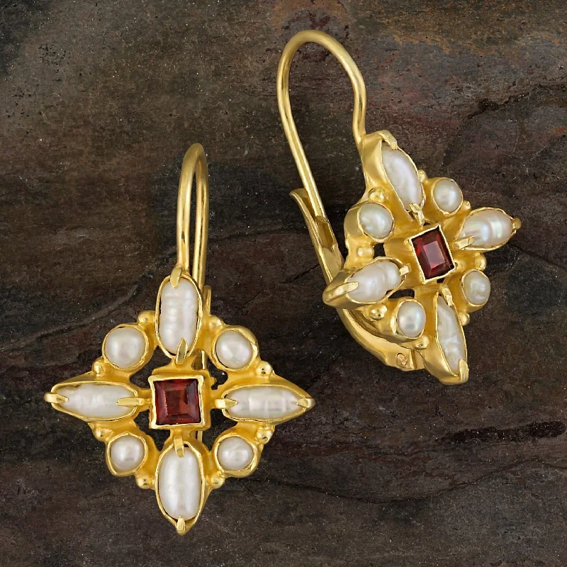 Florentine Cross Pearl and Garnet Earrings