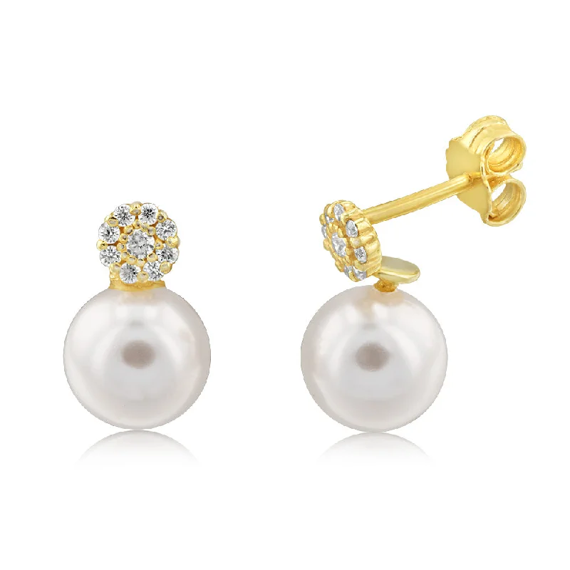 Sterling Silver Gold Plated Pearl And Cubic Zirconia Stud Earrings