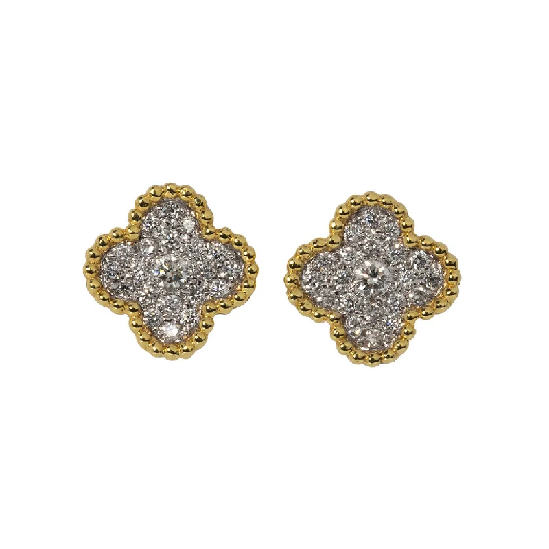 Diamond Pavé Cluster Clover Beaded 14K Gold Stud Earrings