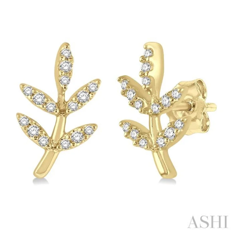 1/8 ctw Leaf Motif Round Cut Diamond Petite Fashion Earring in 10K Yellow Gold