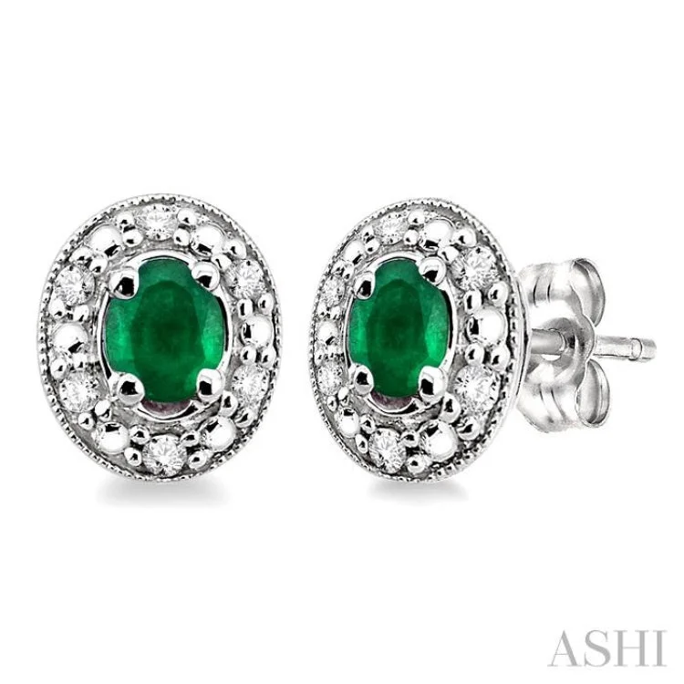 4x3mm Oval Shaped Emerald and 1/10 Ctw Single Cut Diamond Earrings in 10K White Gold