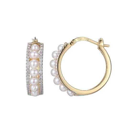 Pearl & CZ Gold Plated Silver Hoop Earrings 20mm