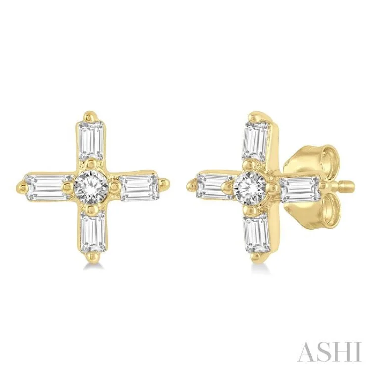 1/10 ctw Greek Cross Baguette and Round Cut Diamond Petite Earring in 10K Yellow Gold