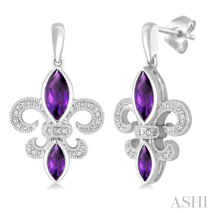 8x4 MM Marquise Cut Amethyst, 6x3 MM Marquise Cut Amethyst and 1/20 Ctw Round Cut Diamond Fleur de lis Earrings in Sterling Silver