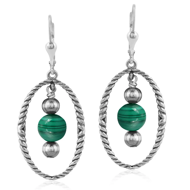 Southwestern Sterling Silver Rope and Malachite Bead Drop Earrings