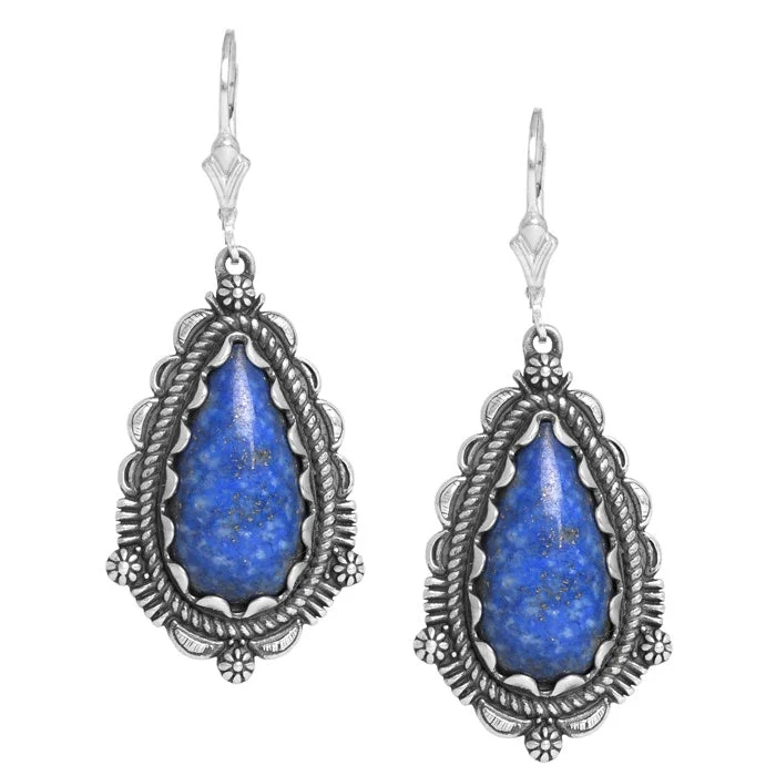 Sterling Silver Denim Lapis Pear Shaped Gemstone Dangle Earrings