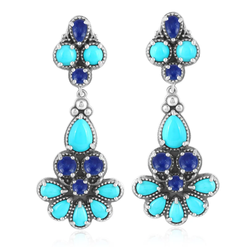 Sterling Silver Kingman Turquoise and Lapis Chandelier Earrings