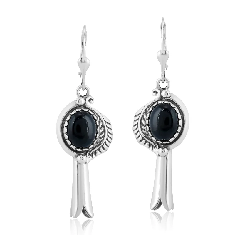 EXCLUSIVELY OURS! Sterling Silver with Black Agate Gemstone Leaf and Squash Blossom Design Women's Drop and Dangle Earrings