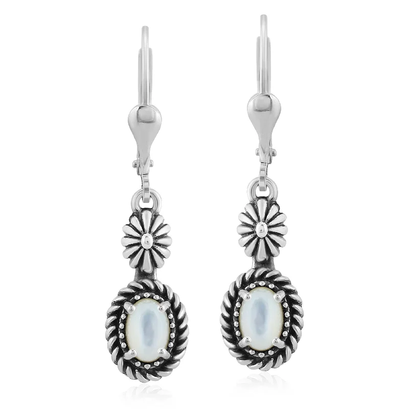 EXCLUSIVELY OURS! Sterling Silver White Mother of Pearl Floral and Rope Design Dangle Earrings