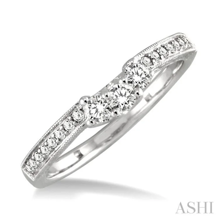 1/3 ctw Arched Center Engraved Foliage Round Cut Diamond Wedding Band in 14K White Gold