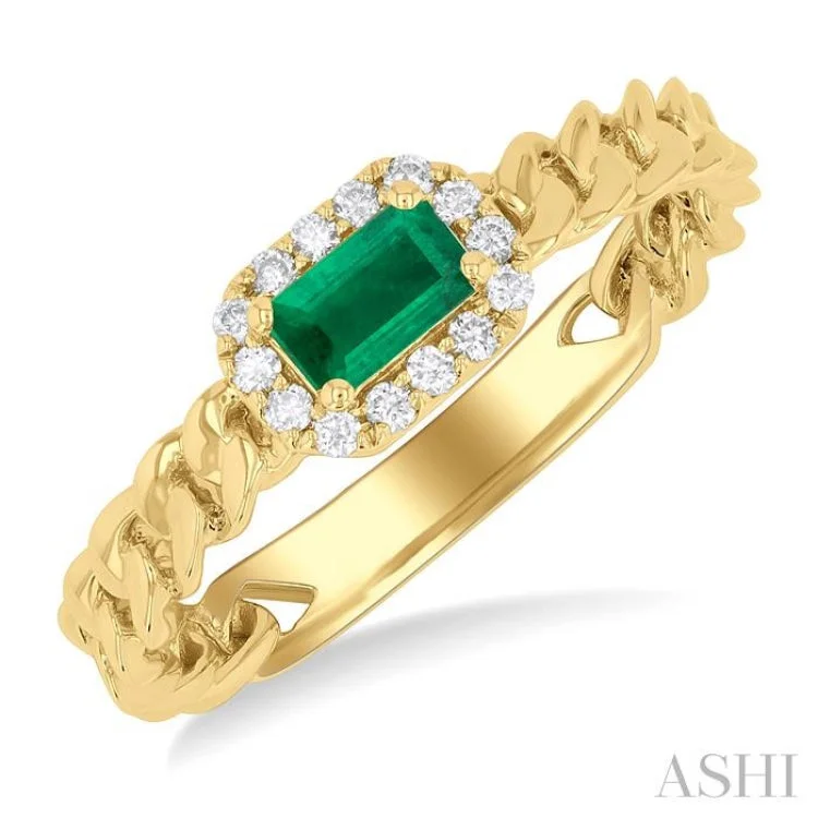 1/10 ctw Cuban Link East-West 5x3 MM Oval Cut Emerald and Round Cut Diamond Halo Precious Ring in 10K Yellow Gold