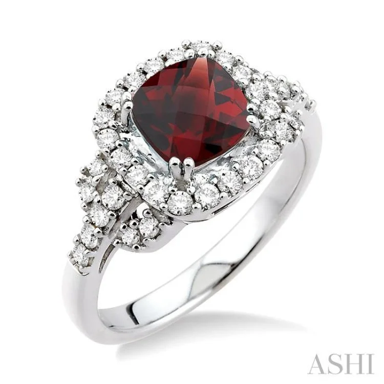 7x7mm Cushion Shape Garnet and 1/2 Ctw Round Cut Diamond Ring in 14K White Gold