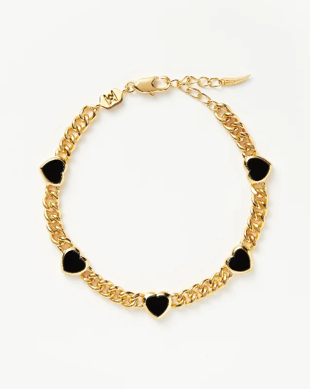 Jelly Heart Gemstone Charm Bracelet | 18ct Gold Plated/Black Onyx