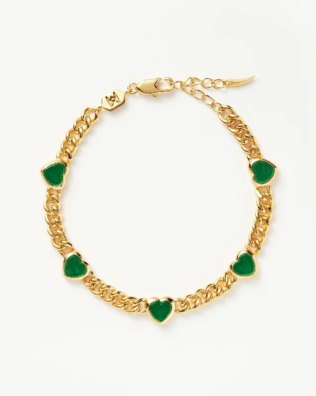 Jelly Heart Gemstone Charm Bracelet | 18ct Gold Plated/Green Chalcedony