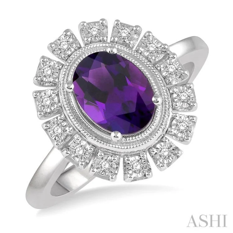 1/10 Ctw Lattice Oval Shape 8x6 MM Amethyst & Round Cut Diamond Semi Precious Ring in 10K White Gold