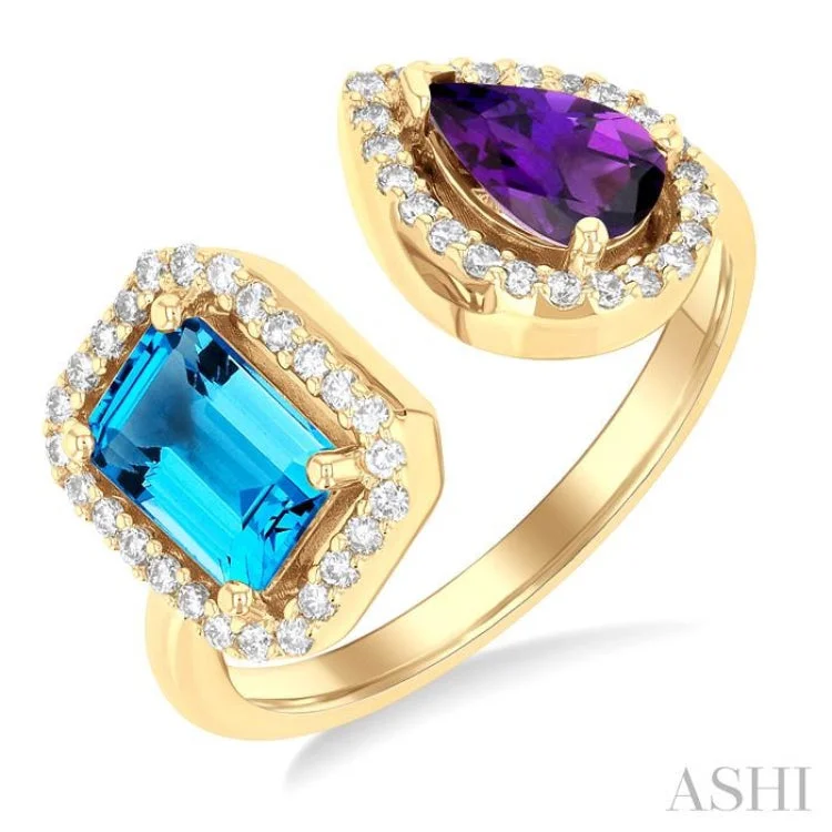 1/5 ctw Toi Et Moi 7X5 MM Emerald Cut Blue Topaz & Pear Cut Amethyst and Round Cut Diamond Halo Open Fashion Ring in 14K Yellow Gold