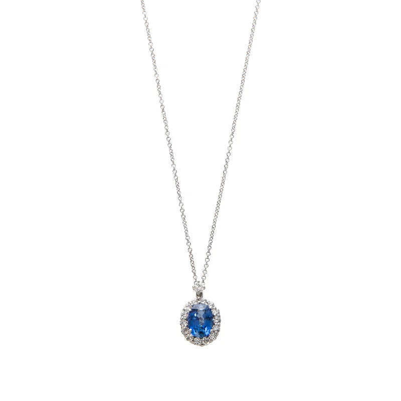 1.6ct Sapphire & Diamond Halo 18K White Gold Pendant Necklace