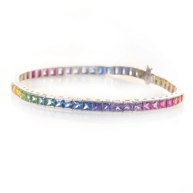 Sterling Silver Rainbow Sapphire Princess Cut Tennis Bracelet