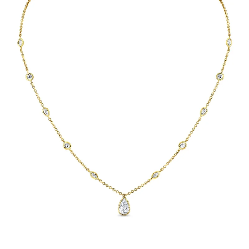 18k Station Necklace with Pear Shape Diamond Pendant