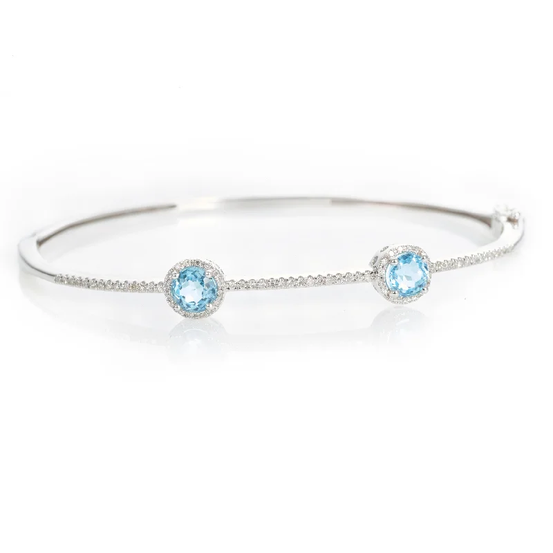 Custom-Made Diamond and Blue Topaz Bangle Bracelet in 14k White Gold