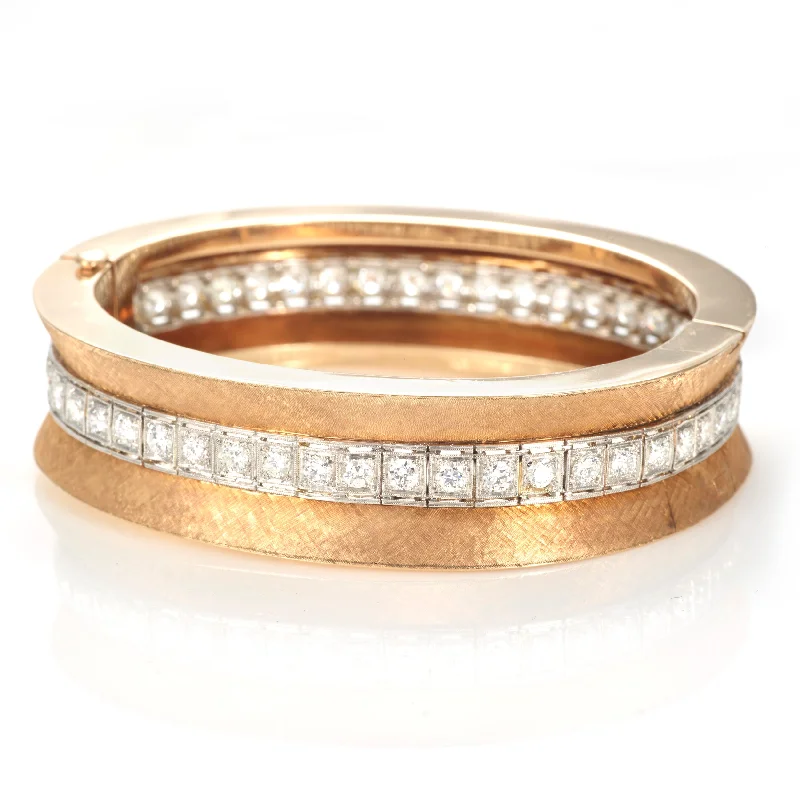 Vintage Platinum and 14k Yellow Gold Diamond Bangle with Florentine Finish