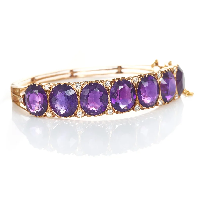 Vintage Oval Amethyst and Diamond Bracelet in 14k Yellow Gold